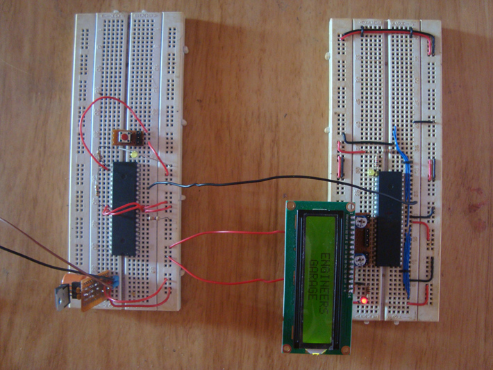 Data communication between LCD Module and AVR via serial transmission circuit setup on breadboard Data communication between LCD Module and AVR via serial transmission circuit setup on breadboard