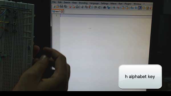 Image showing alphabet 'h' typed from Arduino based generic USB keyboard