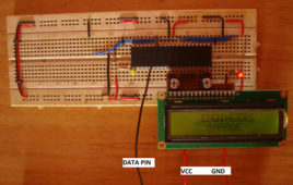 LCD Scrolling Display Module using AVR controller and 16x2 alphanumeric LCD display setup on breadboard