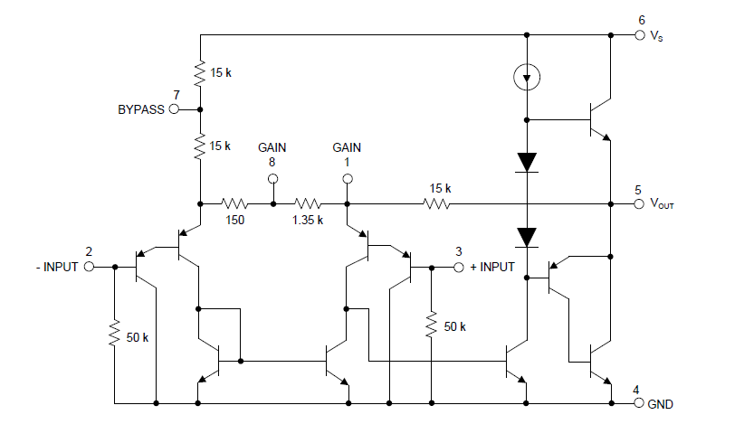 Internal Circuit Diagram of LM386 Audio Power Amplifier IC